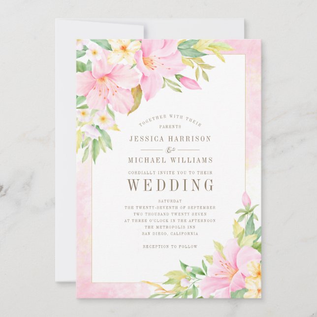Elegant Floral Monogram Watercolor Pink Wedding Invitation (Front)