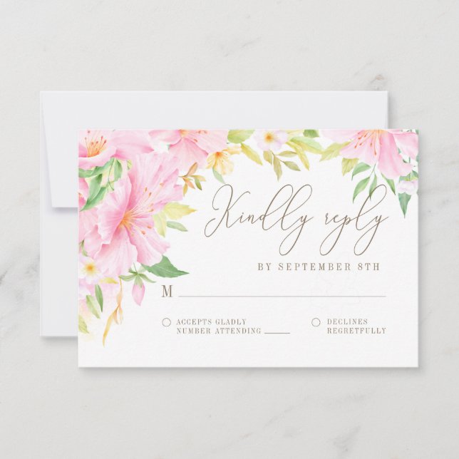 Elegant Floral Monogram Watercolor Pink Wedding RSVP Card (Front)