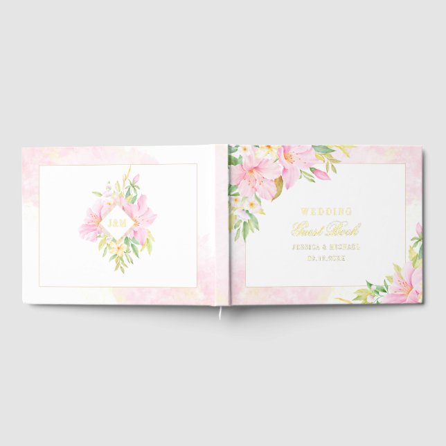 Elegant Floral Monogram Watercolor Wedding Guest Book (Full)