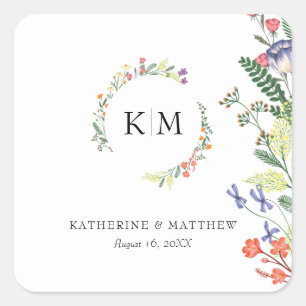Elegant Floral Monogram Wedding Square Sticker