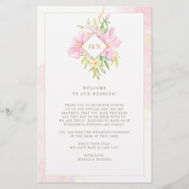 Elegant Floral Monogram Wedding Welcome Itinerary (Front)