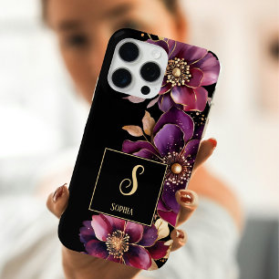 Elegant Floral Monogrammed Black iPhone 15 Pro Max Case