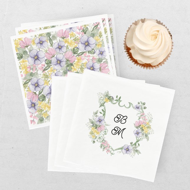 Elegant Floral Monogrammed Crest Photo Wedding Napkin (Creator Uploaded)