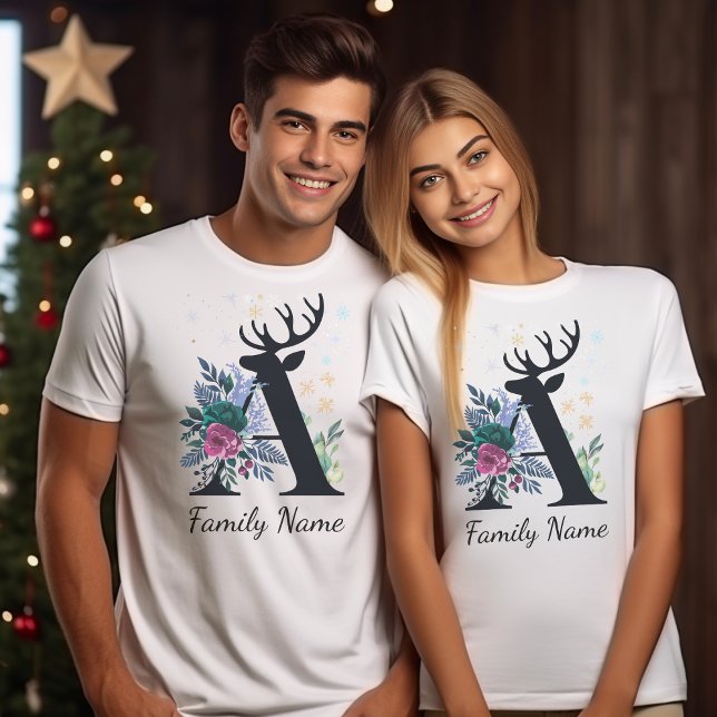 Elegant Floral Monogrammed Family Christmas  T-Shirt (Creator Uploaded)