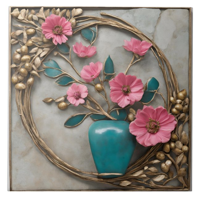 Elegant Floral Mosaic with Turquoise Vase Tile (Front)