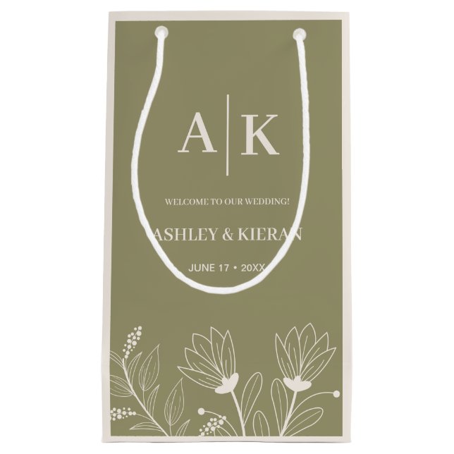 Elegant Floral Moss Green Wedding Welcome  Small Gift Bag (Front)