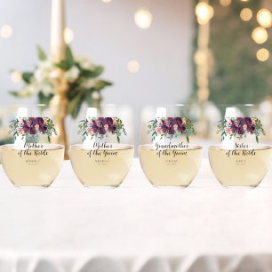 Elegant Floral Mother of the Bride Groom Stemless Wine Glass