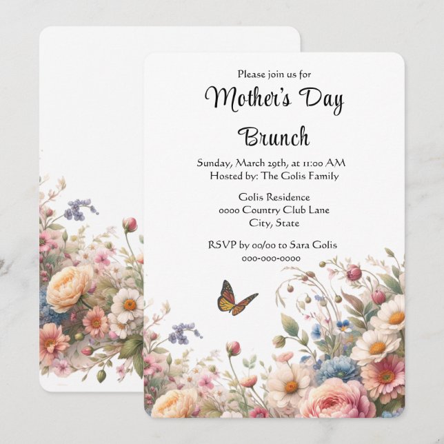 Elegant Floral  Mother's Day Brunch  Invitation (Front/Back)