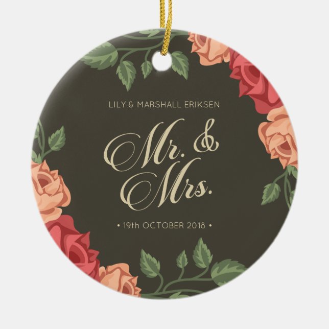 Elegant Floral Mr & Mrs Wedding | Ceramic Ornament (Front)