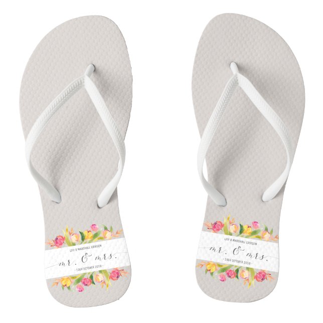 Elegant Floral Mr & Mrs Wedding | Flip Flops (Footbed)