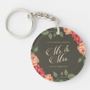 Elegant Floral Mr & Mrs Wedding Keychain