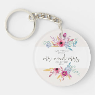 Elegant Floral Mr & Mrs Wedding Keychain