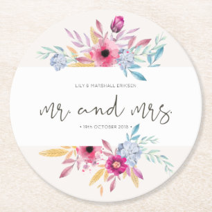Elegant Floral Mr & Mrs Wedding Paper Coaster