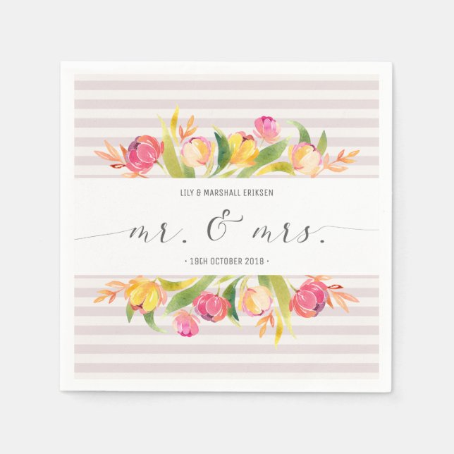 Elegant Floral Mr & Mrs Wedding | Paper Napkin (Front)