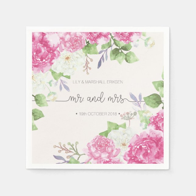 Elegant Floral Mr & Mrs Wedding | Paper Napkin (Front)