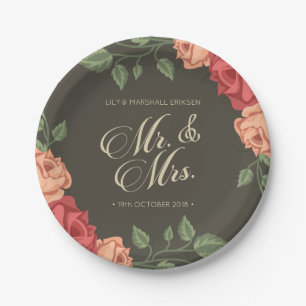 Elegant Floral Mr & Mrs Wedding   Paper Plate