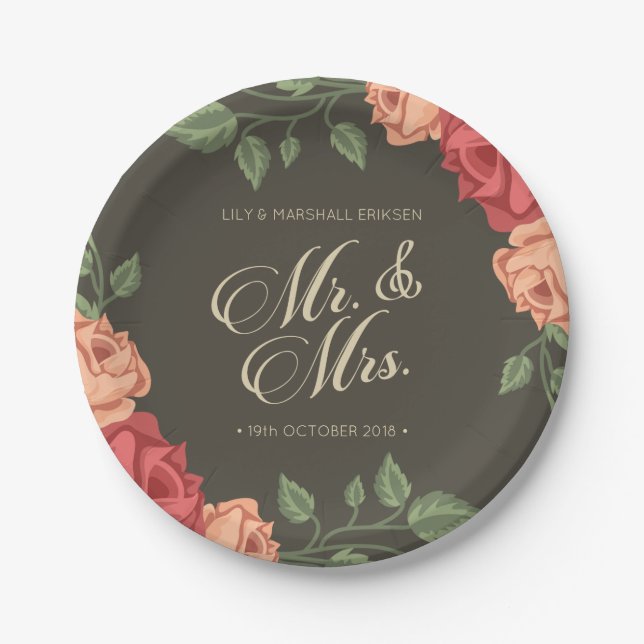 Elegant Floral Mr & Mrs Wedding | Paper Plate (Front)