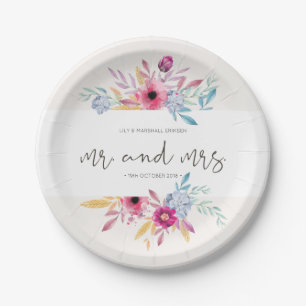 Elegant Floral Mr & Mrs Wedding Paper Plate