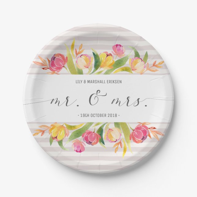 Elegant Floral Mr & Mrs Wedding | Paper Plate (Front)
