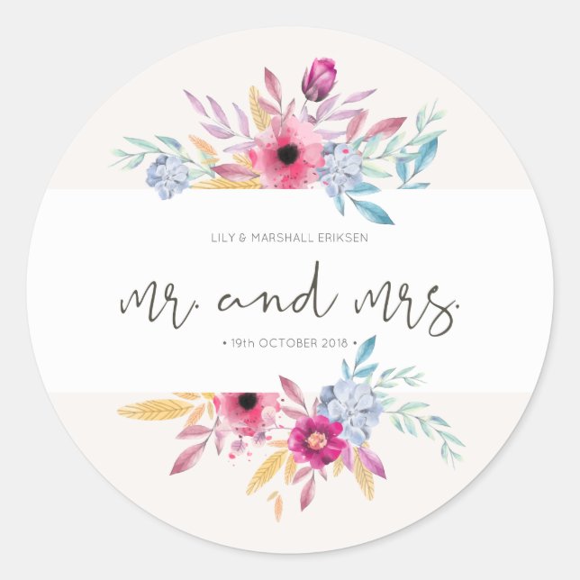 Elegant Floral Mr & Mrs Wedding | Sticker Seal (Front)