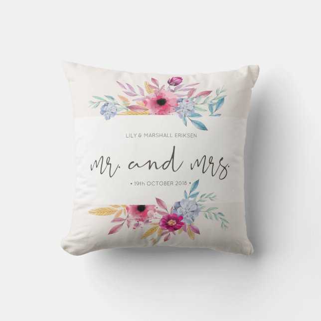 Elegant Floral Mr & Mrs Wedding | Throw Pillow (Front)