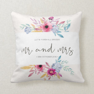 Elegant Floral Mr & Mrs Wedding   Throw Pillow