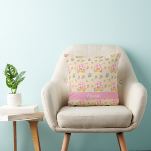 Elegant Floral Mushroom Pattern Cream Name Cushion
