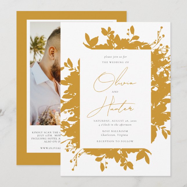 Elegant Floral Mustard Yellow QR Code Wedding Invitation (Front/Back)