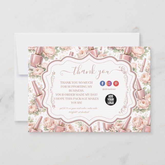 Elegant Floral Nail Artist Business Thank You Card (Front)