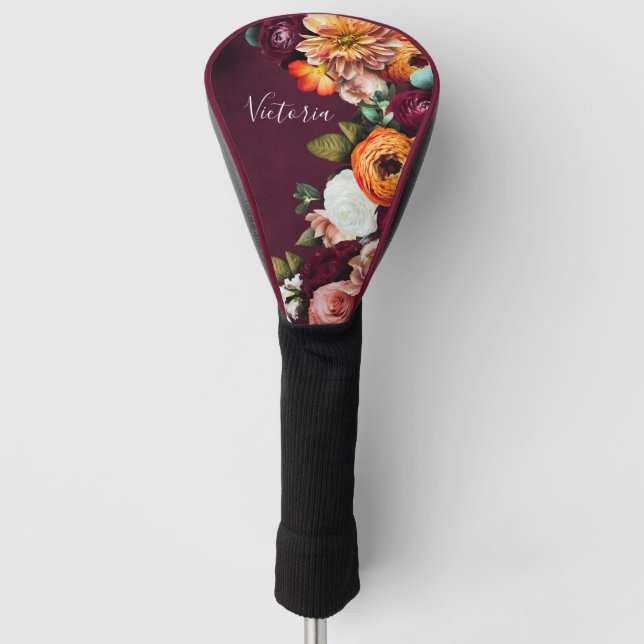 Elegant Floral Name Script Customised Burgundy Golf Head Cover (Front)