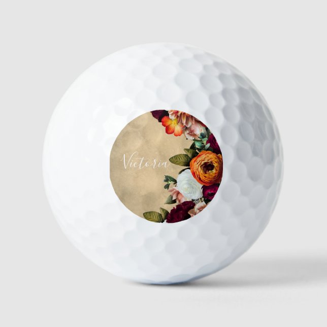 Elegant Floral Name Script Customised Rustic Golf Balls (Front)