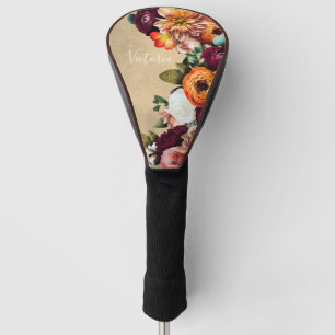 Elegant Floral Name Script Customised Rustic  Golf Head Cover