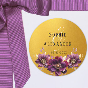 Elegant Floral Names Date Wedding Golden Sticker