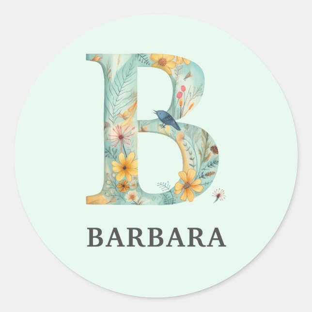 Elegant Floral Nature Letter B Personalised Name Classic Round Sticker (Front)