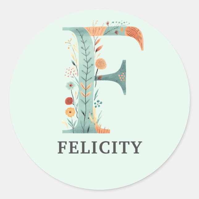 Elegant Floral Nature Letter F Personalised Name Classic Round Sticker (Front)