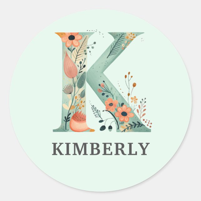 Elegant Floral Nature Letter K Personalised Name Classic Round Sticker (Front)