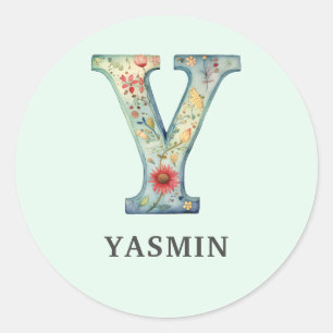 Elegant Floral Nature Letter Y Personalised Name Classic Round Sticker