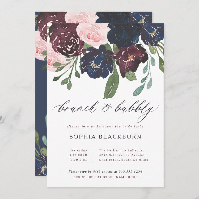 Elegant Floral Navy and Plum | Brunch and Bubbly Invitation (Front/Back)