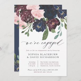 Elegant Floral Navy and Plum   Engagement Party Invitation