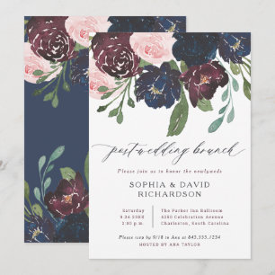 Elegant Floral Navy and Plum   Post Wedding Brunch Invitation