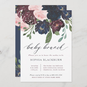Elegant Floral Navy Blue and Plum Baby Brunch Invitation