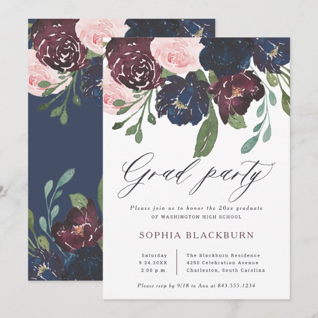 Elegant Floral | Navy Blue and Plum Grad Party Invitation (Front/Back)