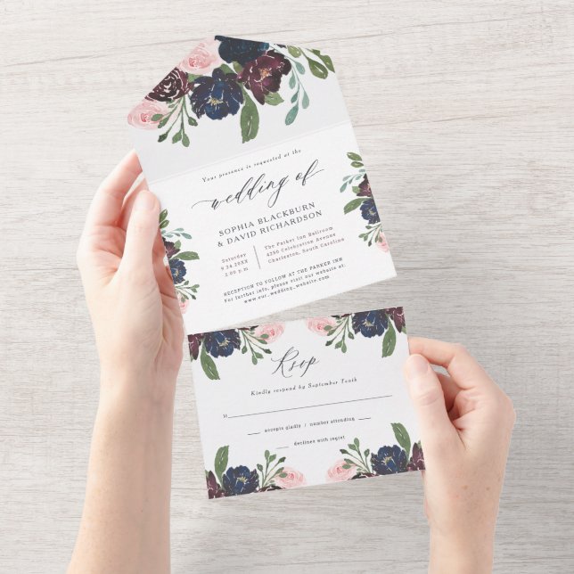 Elegant Floral Navy Blue and Plum | Wedding All In One Invitation (Tearaway)