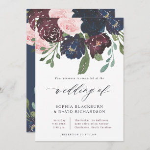 Elegant Floral Navy Blue and Plum   Wedding Invitation