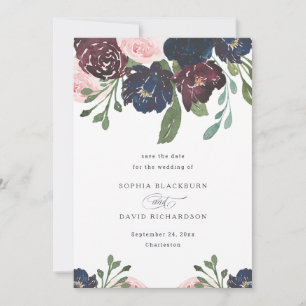 Elegant Floral Navy Blue and Plum   Wedding Save The Date