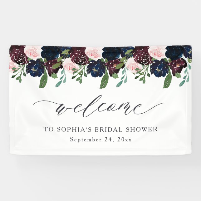 Elegant Floral Navy Blue and Plum | Welcome Banner (Horizontal)