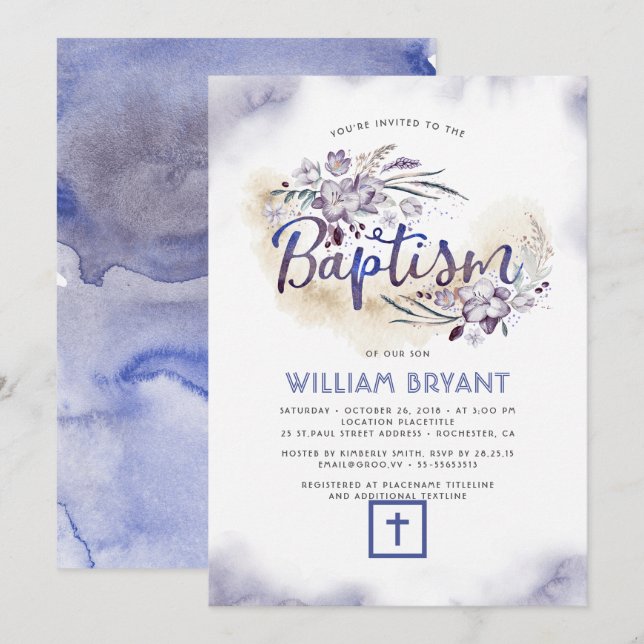 Elegant Floral Navy Blue Boy Baptism Invitation (Front/Back)