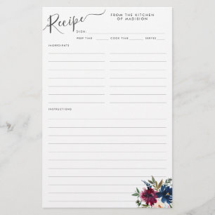 Elegant Floral Navy Blue Burgundy Red Recipe Card