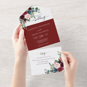 Elegant Floral Navy Blue Burgundy Red Wedding All  All In One Invitation
