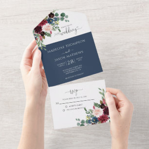 Elegant Floral Navy Blue Burgundy Wedding All In One Invitation